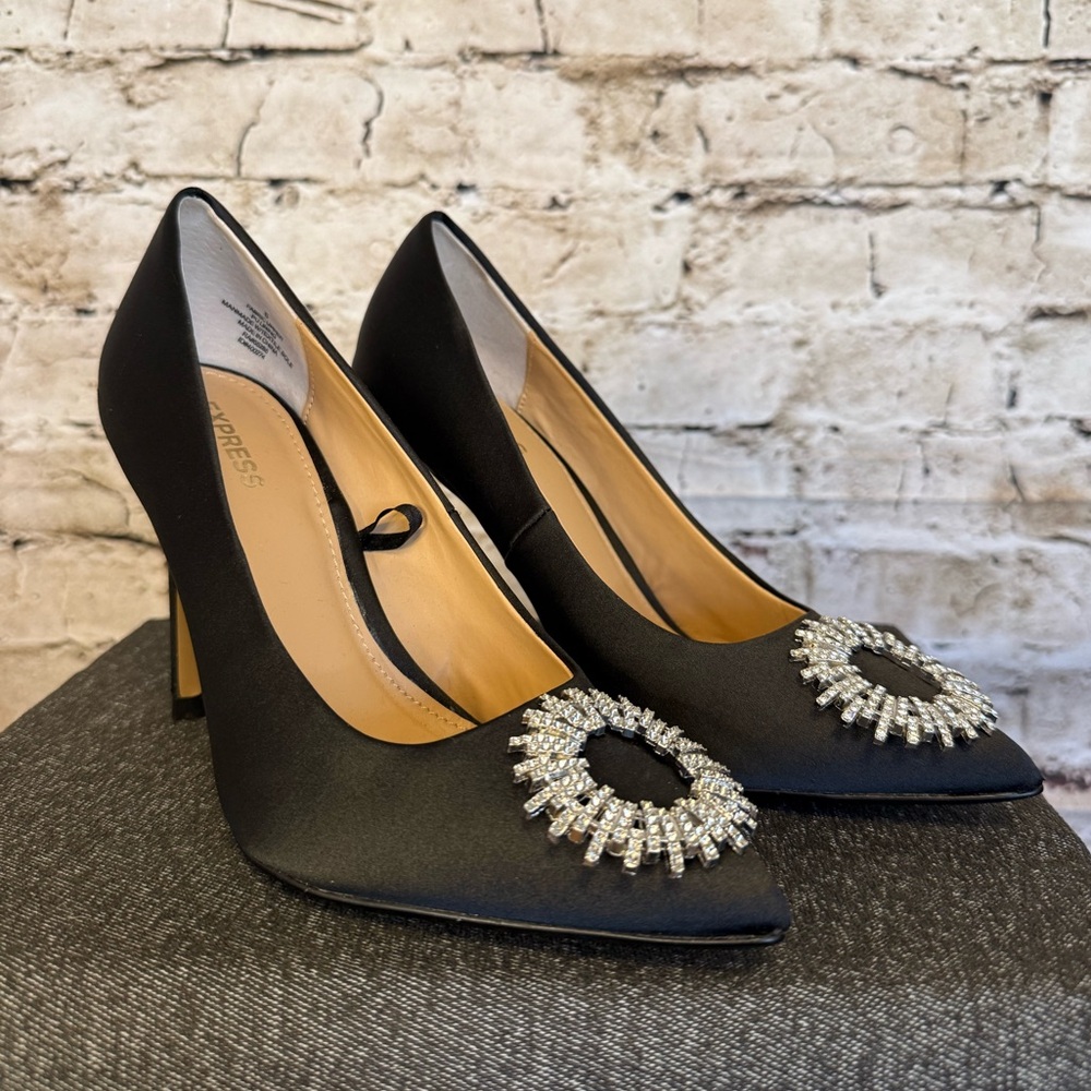 Express Black Satin Pumps with Silver Embellishment